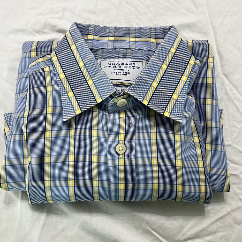 Charles Tyrwhitt Slim Fit Non-Iron Dress Shirt Blue Yellow Check Plaid Size 16